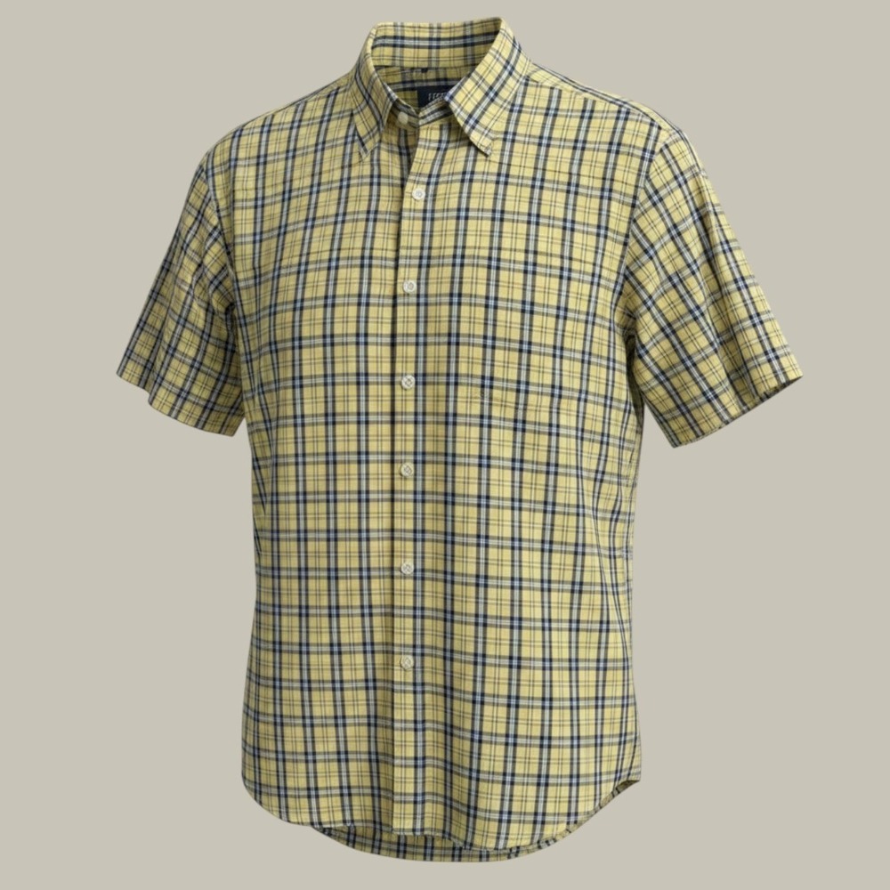 IZOD Button Down Shirt Mens Large Yellow Blue Plaid Short Sleeve Pocket Logo